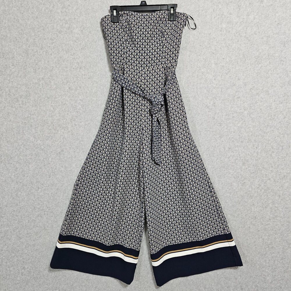 H&M NEW Jumpsuit Size 0 Navy Strapless Belted Wide Leg Geometric Style